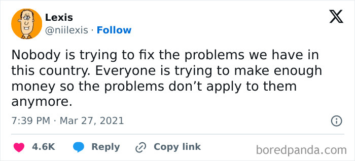 Social media meme about casual nihilism discussing money and societal problems in a humorous, relatable way.