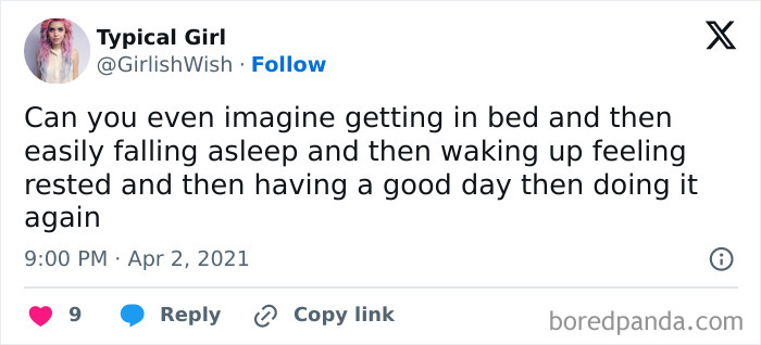 Tweet from Typical Girl humorously describing the difficulty of sleeping and waking up well, related to social anxiety memes.