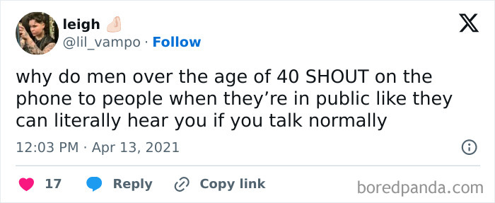 Tweet discussing men over 40 shouting on the phone in public, illustrating life after 40 chaos and humor.