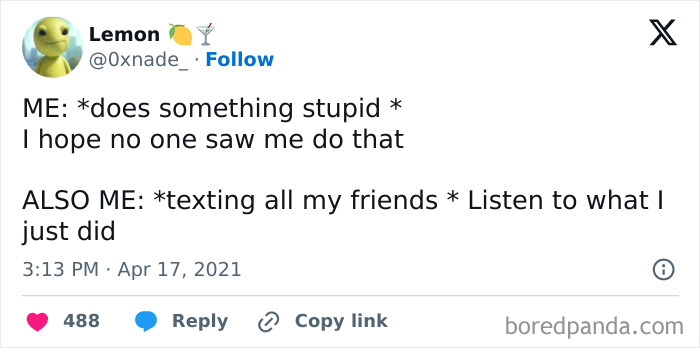 Tweet showing a humorous and relatable friendship meme about sharing embarrassing moments with friends.