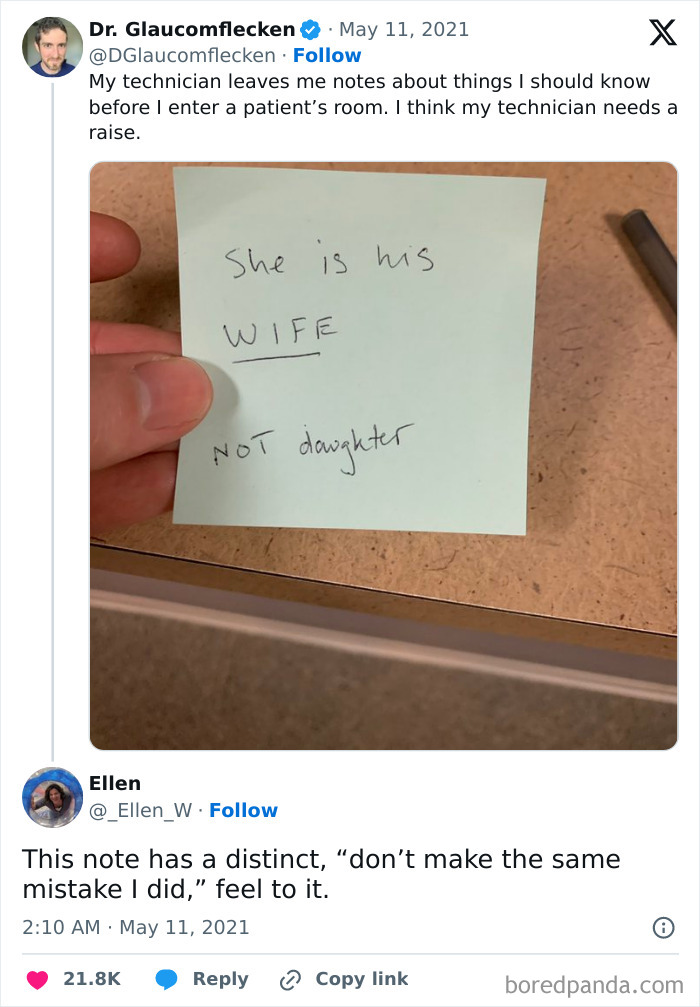 Sticky note with handwritten funny work meme about clarifying personal details before entering a patient’s room.