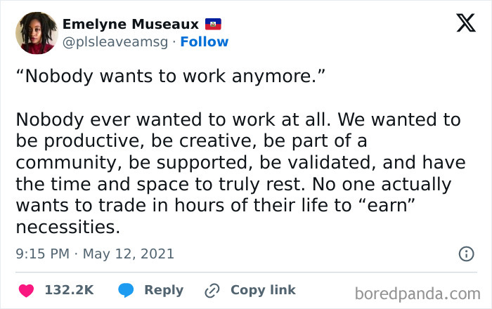 Tweet about work and productivity, reflecting relatable memes from casual nihilism on work-life balance and validation.