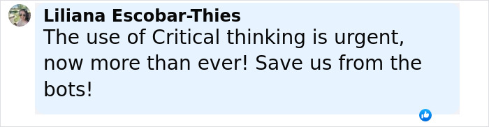 Comment from Liliana Escobar-Thies emphasizing the urgent need for critical thinking to counteract manipulative AI bots.