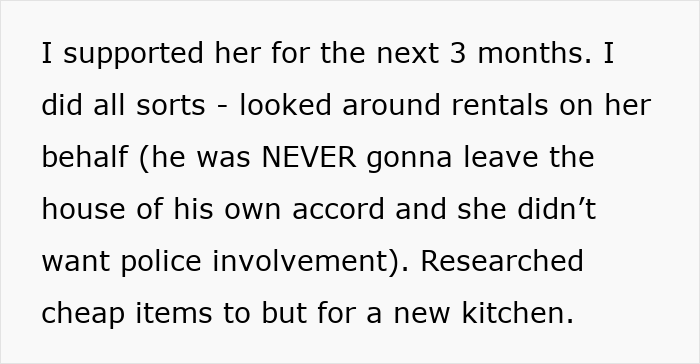 Text excerpt about supporting a friend in an abusive marriage and helping with new housing arrangements.