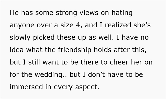 Text excerpt about a 30-year-old friendship strained after bride asks maid of honor to lose 30 pounds before wedding. Text excerpt about a 30-year-old friendship strained after bride asks maid of honor to lose 30 pounds before wedding.
