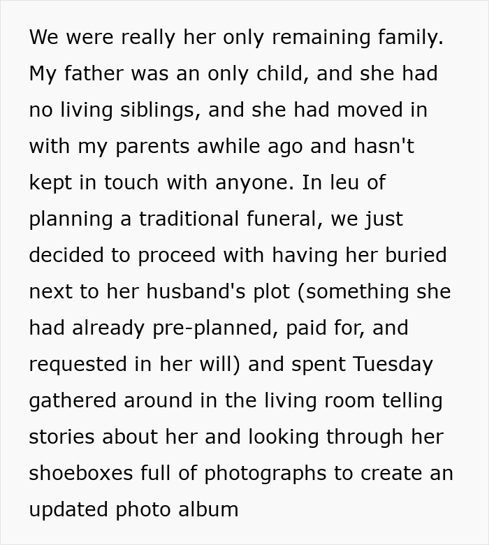 Text excerpt explaining family burial plans and sharing stories, related to best friend saw girlfriend another man checking email.