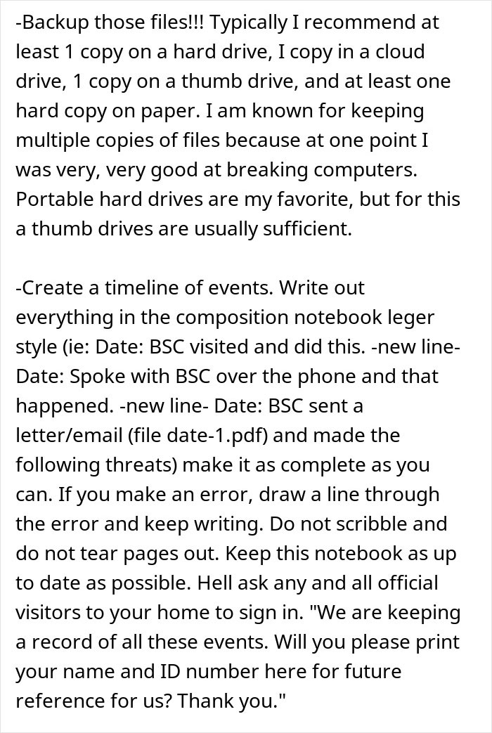Text with advice on backing up files and creating a detailed timeline after CPS threats from mother-in-law. Text with advice on backing up files and creating a detailed timeline after CPS threats from mother-in-law.