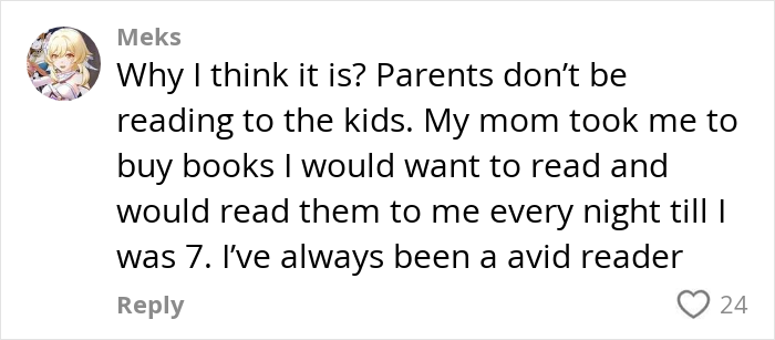 Social media comment discussing concerns about literacy crisis and the role of parents in children&rsquo;s reading habits.