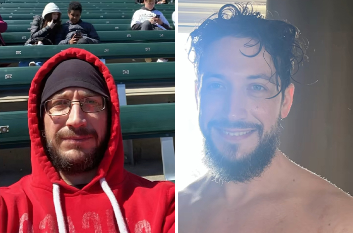 Before and after photos of a man showing a transformation after marrying a Black woman, smiling with a beard.