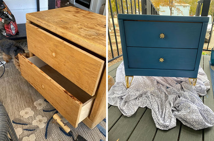 Before and after furniture flipping showing a plain wooden dresser transformed into a stylish blue nightstand with gold accents.