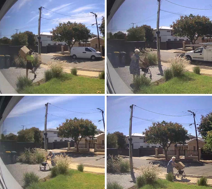 Delivery package mishap captured in security footage, showing a package falling and being retrieved by an elderly woman.
