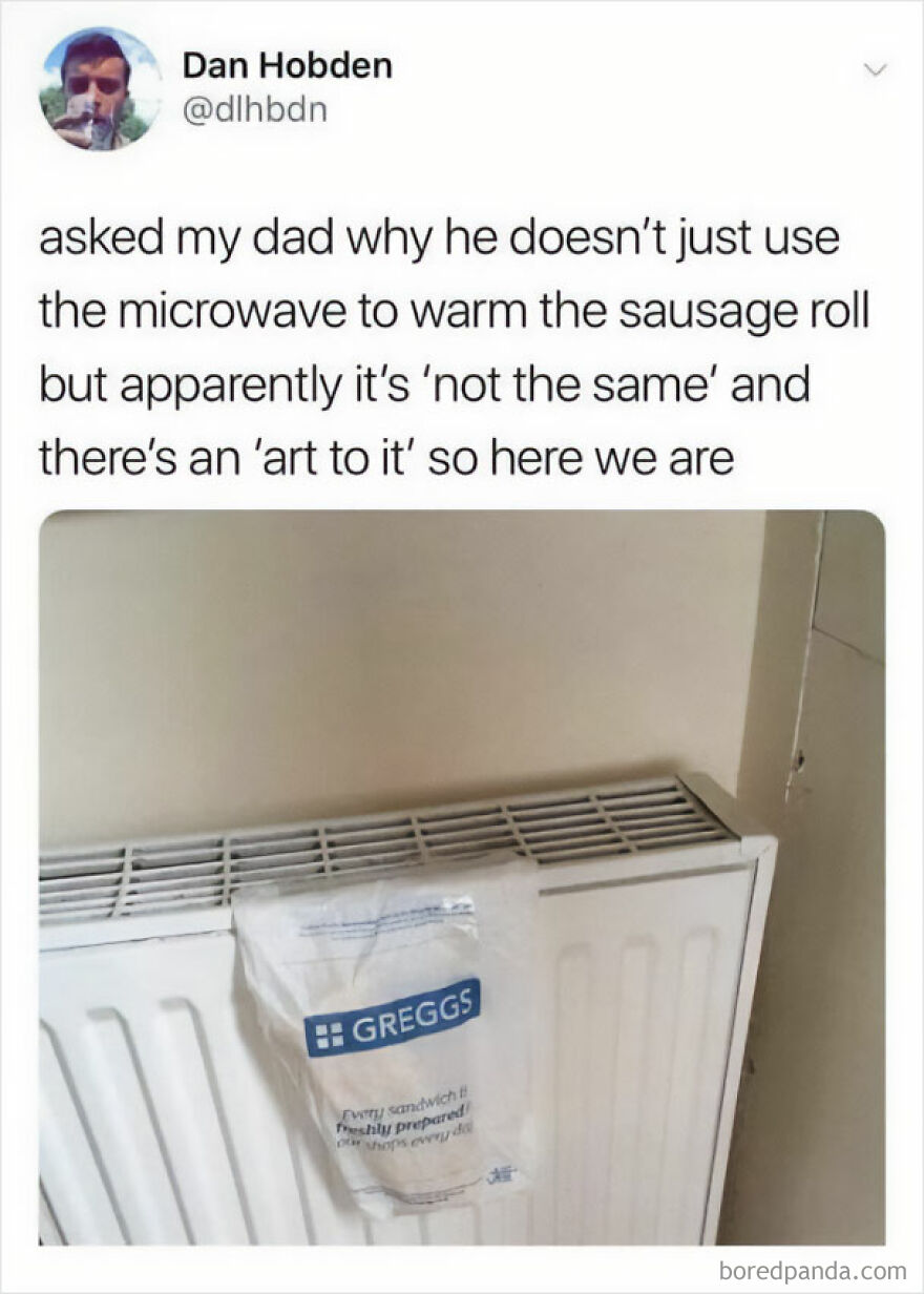 Tweet about warming a sausage roll on a radiator with a Greggs bag, showcasing British humor and daily meme content.
