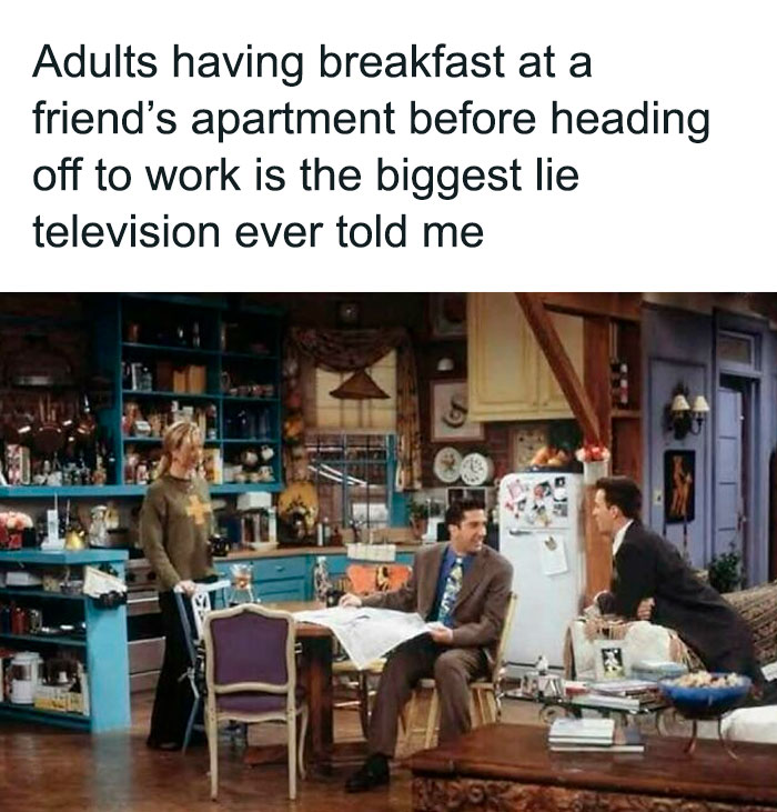 Scene from a Friends episode with adults in an apartment, showcasing nostalgia in memes about Tamagotchis and VHS tapes.