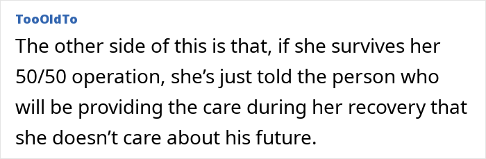 Text excerpt about woman deciding to leave her partner homeless if she dies, highlighting care and future concerns.