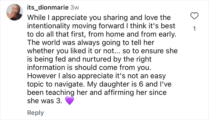 Comment on toddler realizing she's Black at daycare, with mom sharing empowering advice on nurturing identity.