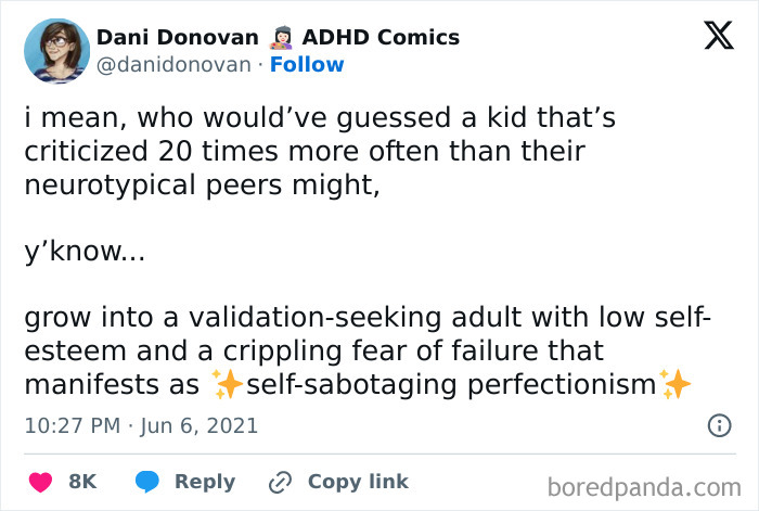 Tweet by ADHD Comics discussing neurodivergents' challenges with criticism, self-esteem, and self-sabotaging perfectionism.