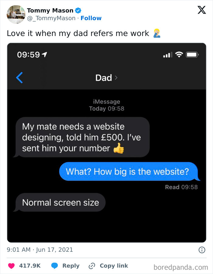 Text conversation showing a dad referring website designing work with humorous misunderstanding about website size.