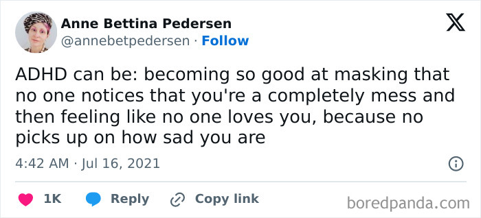 Tweet about ADHD masking struggles, highlighting emotions neurodivergents find relatable and often unnoticed by others.