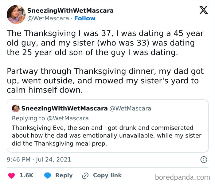 Tweet about a complicated family Thanksgiving involving dates and emotional moments, relatable to anyone around 30.