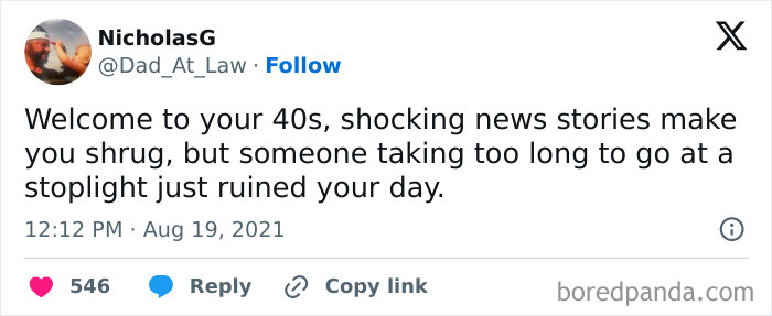Tweet about life after 40 showing the chaos of daily frustrations and relatable middle-aged moments.