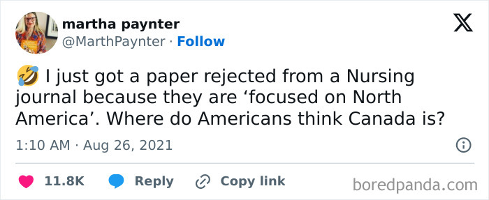 Tweet showing a humorous brutal rejection about a paper focused on North America, baffling the author.