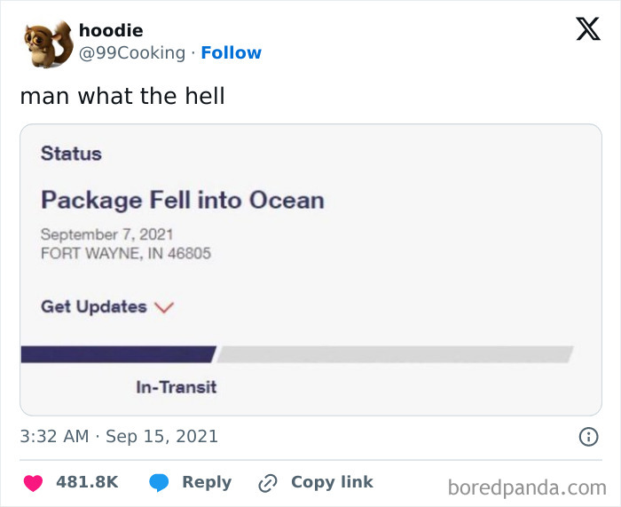 Screenshot of a delivery status update showing package fell into ocean with in-transit tracking error message.