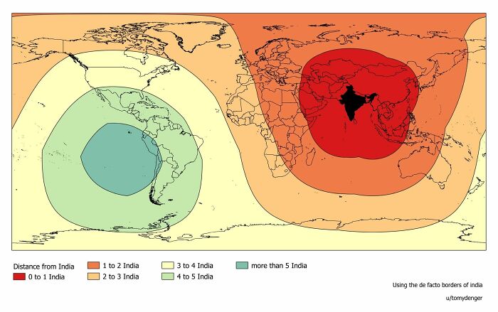World map showing distance zones from India using color-coded layers in a humorous and unusual geography map style.
