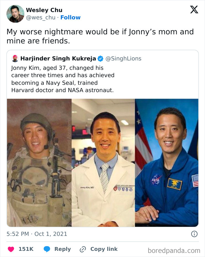 Screenshot of a humorous Twitter meme showing Jonny Kim in Navy SEAL, doctor, and astronaut roles from random and chaotic memes.