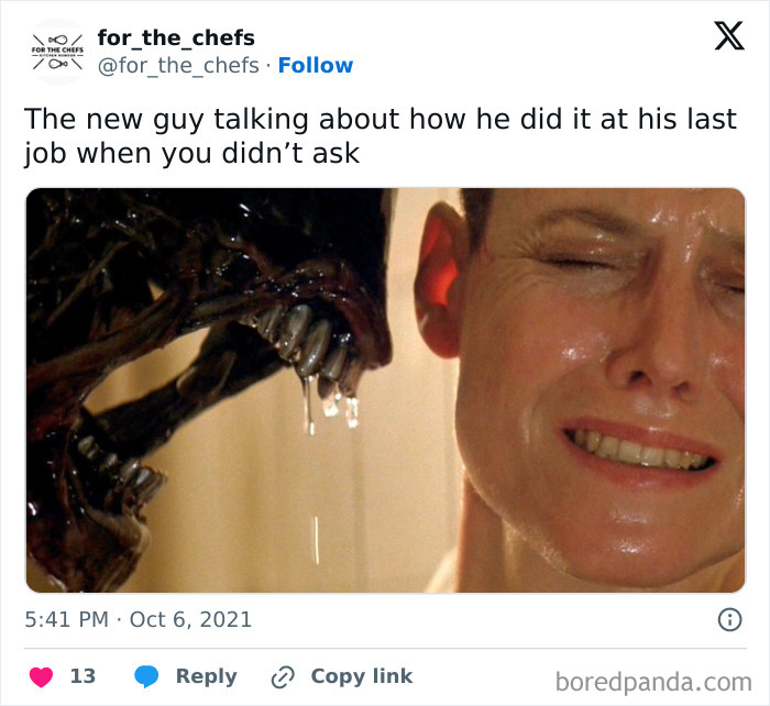 Alien creature threatening a crying person, illustrating relatable chef memes with dark humor for culinary professionals.