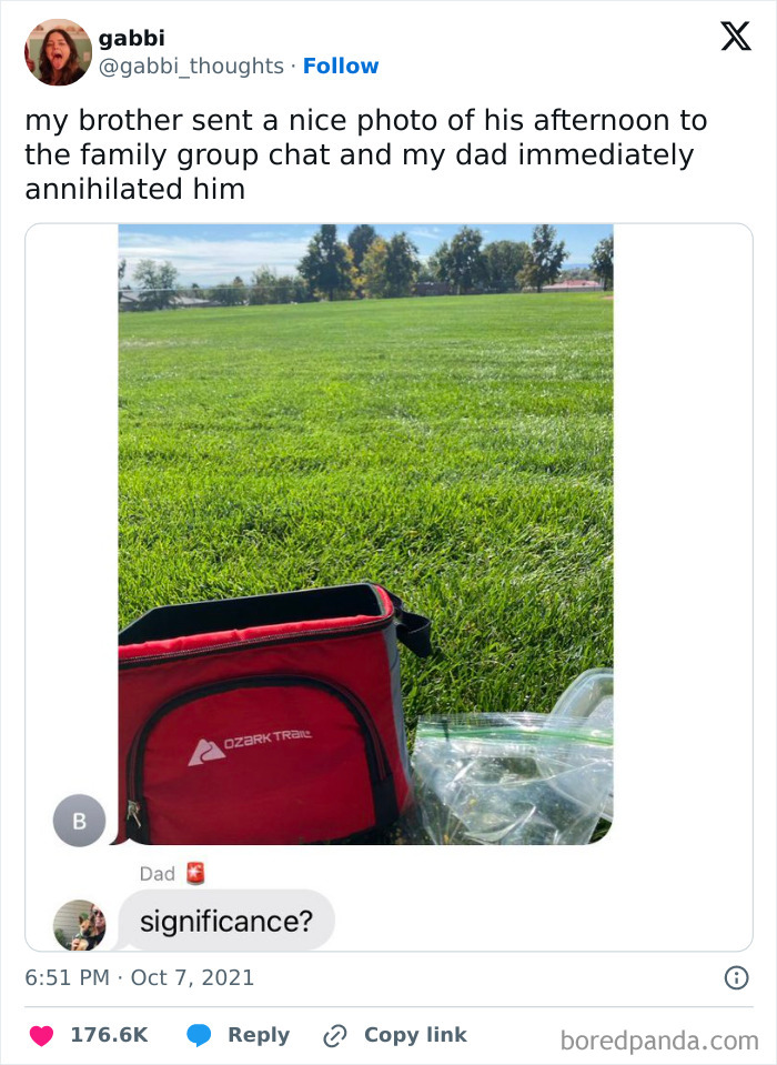 Hilarious dad making a funny comment in a family group chat, showcasing humor in fatherhood moments outdoors.