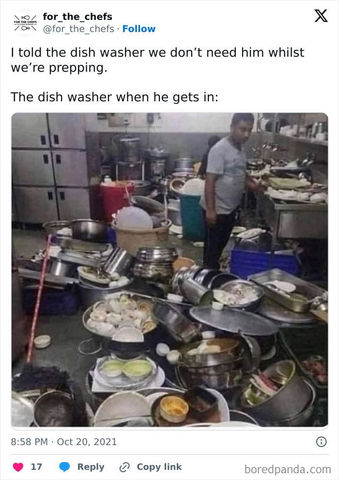 Dishwasher overwhelmed by huge pile of dirty kitchenware, relatable chef memes showing humor for those who like their humor well-done.