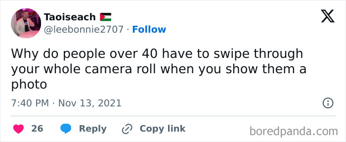 Social media post humor about people over 40 swiping through camera rolls, highlighting life after 40 chaos.