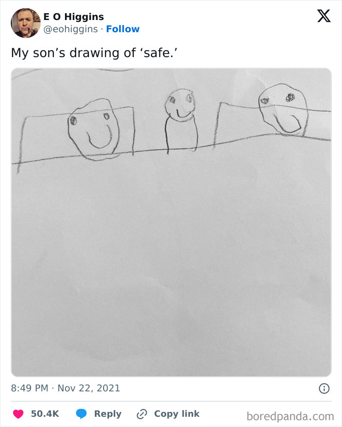 Child’s simple pencil drawing of three smiling faces behind a line, showcasing wholesome and funny dads doing their best.