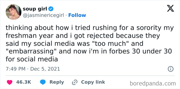 Tweet from a young woman sharing a brutal rejection story about sorority rush and social media criticism.