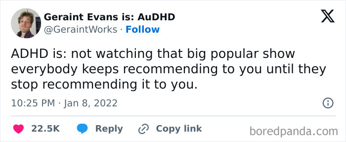 Tweet by Geraint Evans about ADHD, relatable post for neurodivergents on common experiences with focus and recommendations.