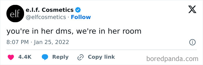 e.l.f. Cosmetics tweet humorously referencing social media direct messages in a funny official social media post.