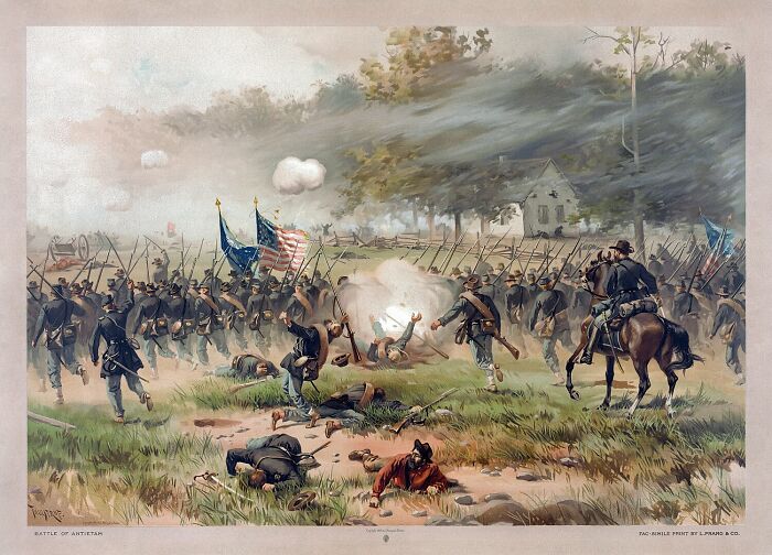 Battle of Antietam scene depicting soldiers and chaos during a crazy but real historical event in war.