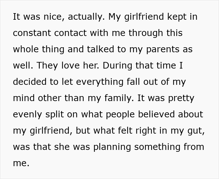 Screenshot of text describing a girlfriend's contact with family amid suspicions from best friend after seeing another man.