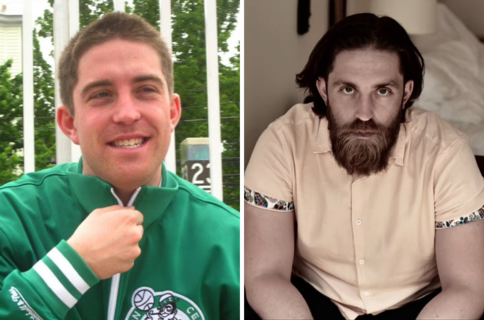 Before and after transformation of a man who married a black woman, showing changes in style and appearance.