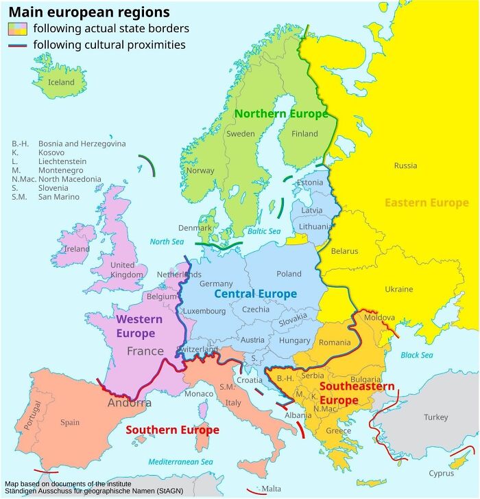 Map showing main European regions with cultural proximities and state borders highlighted, featuring Northern, Central, and Southern Europe.