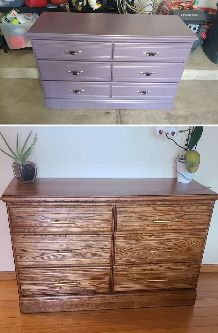 Before and after images of furniture flipping pros transforming a dresser from painted to polished wood finish.