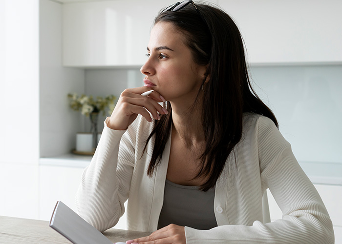Young woman in a white cardigan thoughtfully reflecting while holding a notebook, representing former employees revealing secrets. - 15