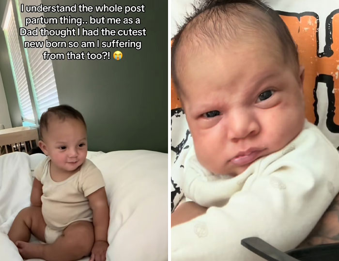 Baby showing different expressions, highlighting postpartum hormones and new challenges faced by women after childbirth.