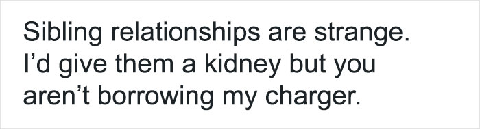 Funny relatable friendship meme text about sibling relationships and not lending a phone charger included.