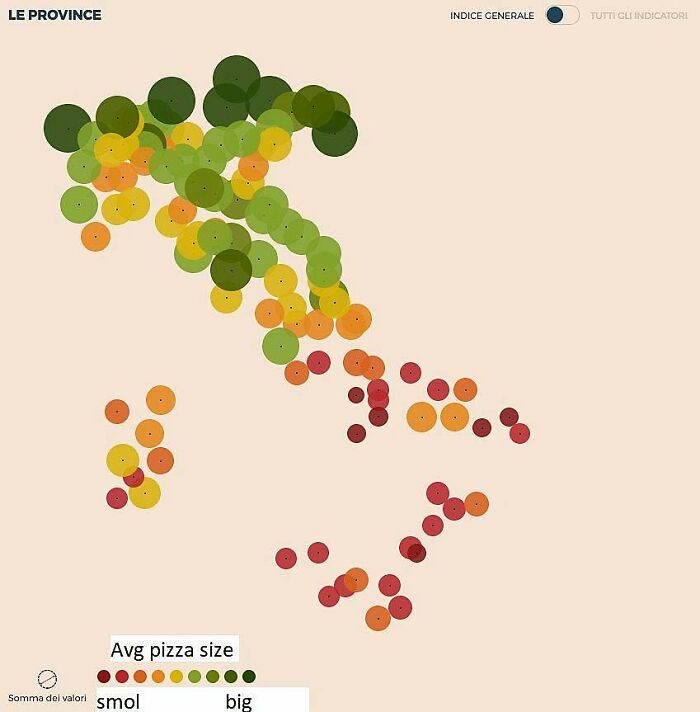 Map showing average pizza size across Italy's provinces using colored circles, a funny and unusual geography map.