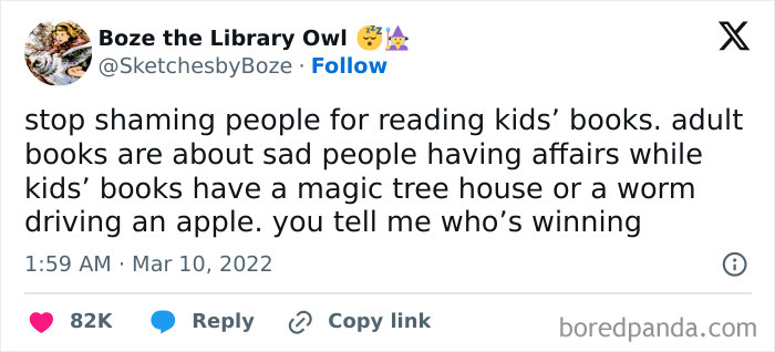 Tweet about positivity and humor in reading kids’ books versus adult books to uplift and inspire.