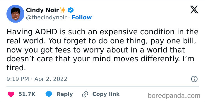 Tweet by Cindy Noir discussing the financial challenges and mental fatigue of having ADHD, relatable to neurodivergents.