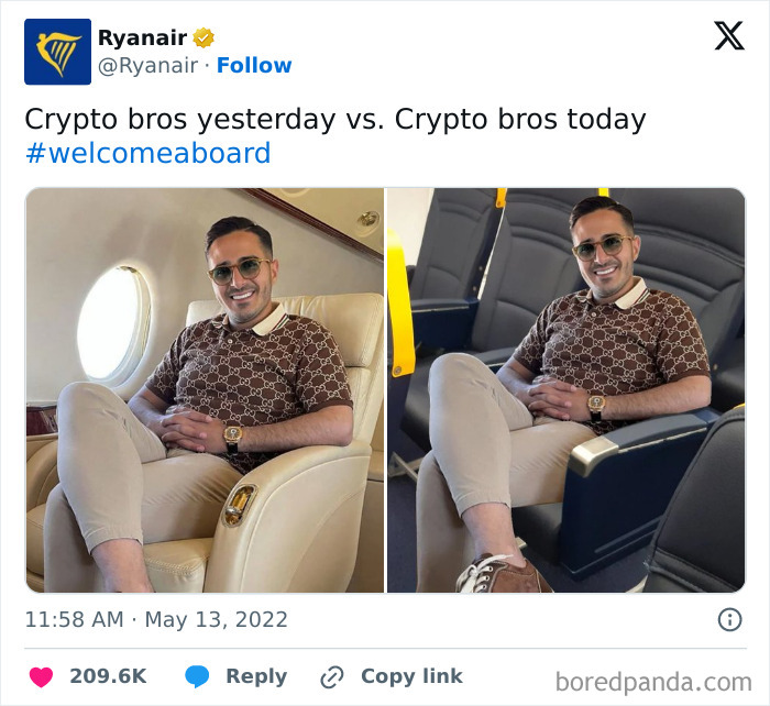 Ryanair official social media post showing a humorous comparison of crypto bros on a private jet and a commercial flight.