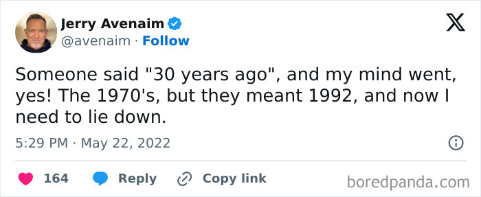 Tweet discussing memories from 30 years ago, reflecting relatable moments for those around 30 in humorous memes.