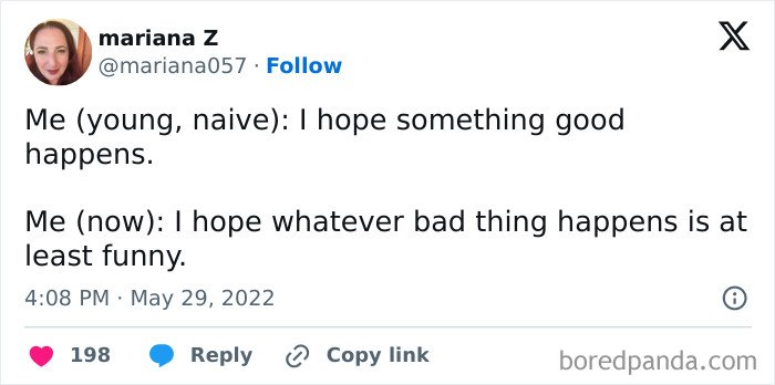 Screenshot of a relatable meme about casual nihilism, contrasting hopeful and humorous outlooks on life events.